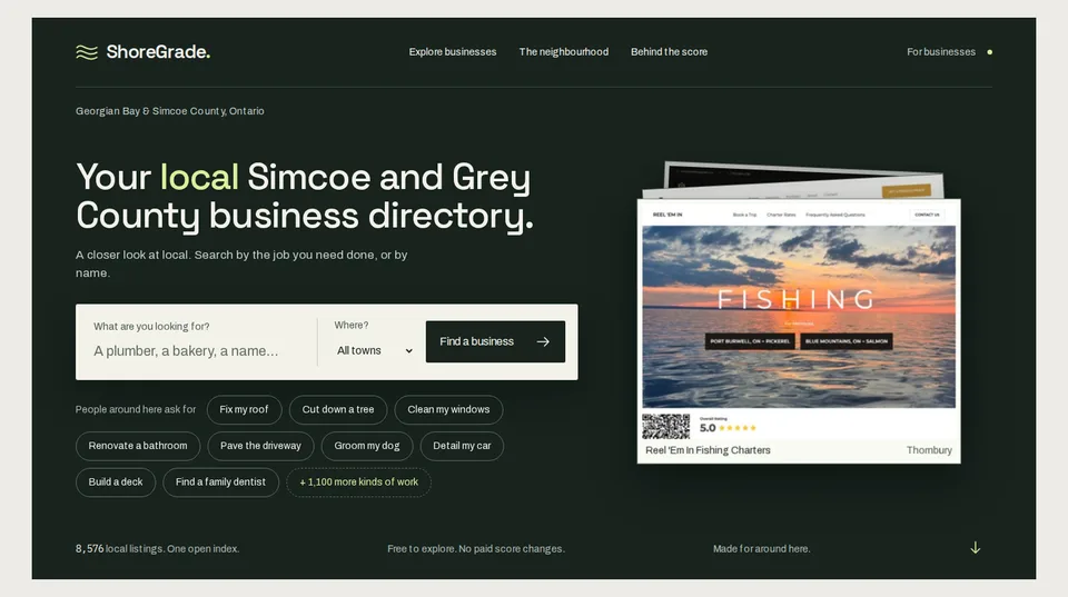 ShoreGrade public business directory with business and town search, service categories and a featured local business.