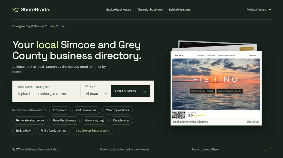ShoreGrade: Headway-operated web app for local business discovery and website report cards